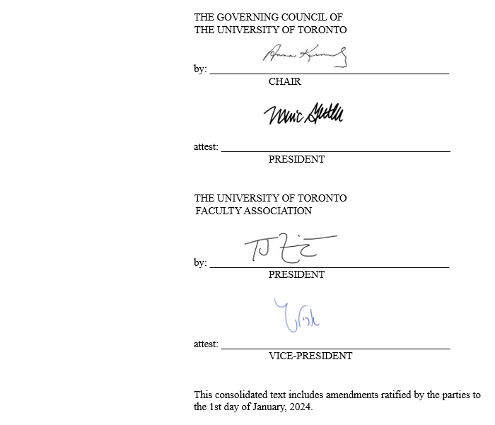 Signatures - Memorandum of Agreement between The Governing Council of the University of Toronto and The University of Toronto Faculty Association 